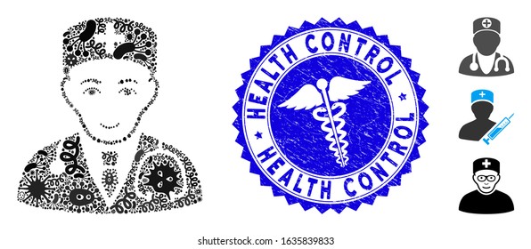 Epidemic collage physician icon and rounded grunge stamp seal with Health Control text and healthcare sign. Mosaic vector is designed with physician icon and with scattered epidemic symbols.