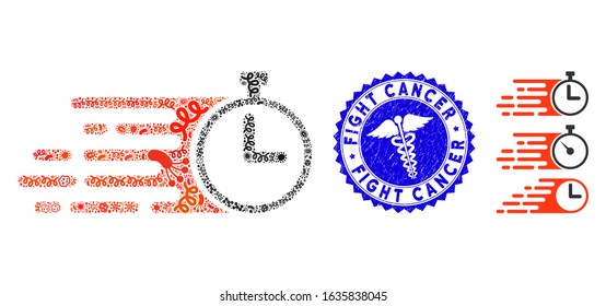 Epidemic collage rush stopwatch icon and round distressed stamp watermark with Fight Cancer text and medical icon. Mosaic vector is composed with rush stopwatch icon and with random flu icons.