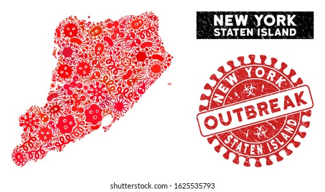 Epidemic collage Staten Island map and red grunge stamp watermark with OUTBREAK text. Staten Island map collage created with scattered microbe icons. Red round OUTBREAK stamp with grunge texture.