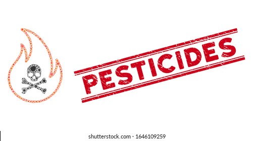 Epidemic collage toxic fire icon and red Pesticides seal stamp between double parallel lines. Mosaic vector is designed from toxic fire icon and with random epidemic items.