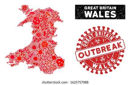 Epidemic collage Wales map and red grunge stamp seal with OUTBREAK badge. Wales map collage formed with randomized microbe elements. Red rounded OUTBREAK seal with grunge texture.