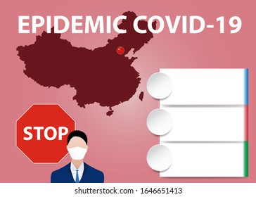 Epidemia de coronavirus en China concepto infografía vectorial que muestra la parada de Covid-19, hombre con mascarilla médica desechable en su cara. y tres etiquetas de papel en blanco listas para el texto. 