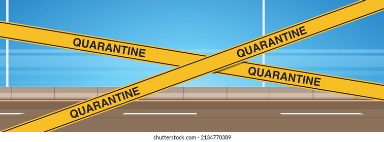 Epidemic coronavirus quarantine caution on yellow warning tape and pandemic health risk design flat vector illustration.	
