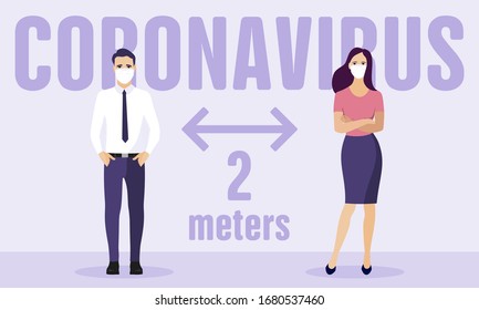 The epidemic of coronavirus social distancing 2 metres. A man and a woman, at a safe distance from each other.