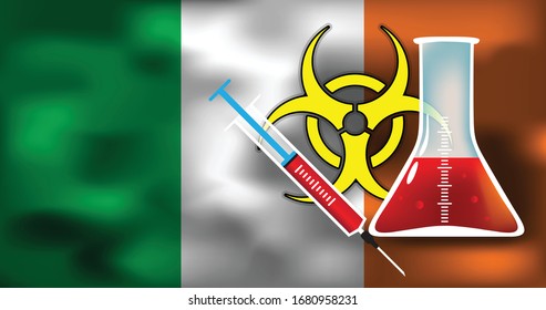 Epidemic danger in Ireland vector conceptual medical illustration biohazard sign with syringe and glimpse on the flag background