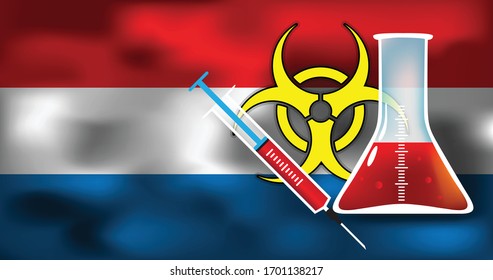 Epidemiegefahr in der niederländischen Vektorillustration konzeptuelles medizinisches Illustrations-Biogefahrenzeichen mit Spritze und Blick auf den Flaggenhintergrund