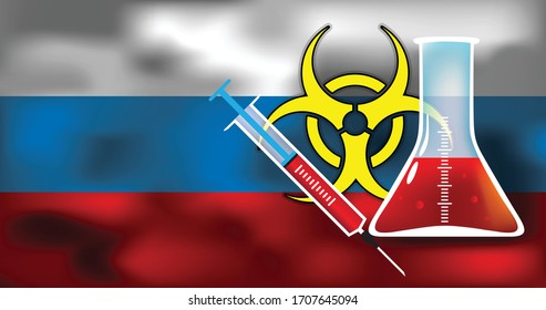 Epidemic danger in Russia vector conceptual medical illustration biohazard sign with syringe and glimpse on the flag background