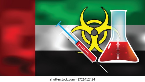 Epidemic danger in United Arab Emirates vector conceptual medical illustration biohazard sign with syringe and glimpse on the flag background