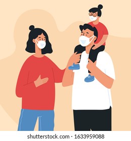 Epidemic disease concept. Corona virus and people wearing protective face masks. China pathogen respiratory coronavirus. 