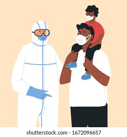 Epidemic disease concept. Corona virus and people wearing protective face masks. China pathogen respiratory coronavirus. 