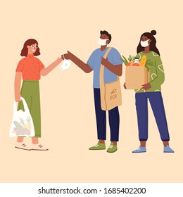 Epidemic disease concept. Corona virus and people wearing protective face masks before shopping. Coronavirus protective measures, recommendation idea.