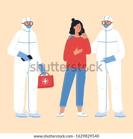 Epidemic disease concept. Doctors in protective suit and young woman coughing. China pathogen respiratory coronavirus. 