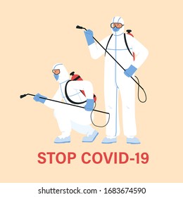 Epidemic disease concept. Man in protective suit disinfect the virus-  sanitary treatment. Coronavirus Preventive measures. Pandemic flu.