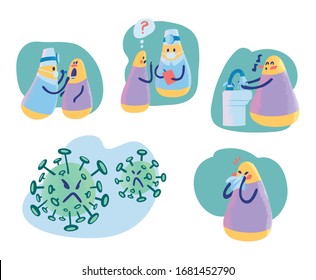 Epidemic disease concept. Set of simple illustrations with a cute cartoon characters. Doctor checking patient's health, patient sneezing, washing hands, image of pathogen respiratory coronavirus.