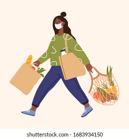 Epidemic disease concept. Woman in wearing disposable medical mask shopping in supermarket. Coronavirus protective measures, recommendation idea.