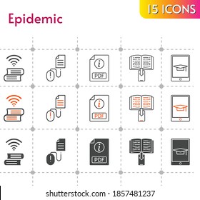 epidemic icon set. included pdf, ebook, book, student-tablet, book (2), click icons on white background. linear, bicolor, filled styles.