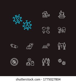 Epidemic icons set. Avoid crowd and epidemic icons with keep distance, cough into elbow and stay home. Set of prevention for web app logo UI design.