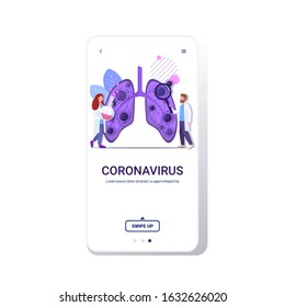 epidemic MERS-CoV bacteria floating influenza virus cells doctors analyzing human injured lungs wuhan coronavirus 2019-nCoV pandemic medical health risk smartphone screen mobile app copy space vector