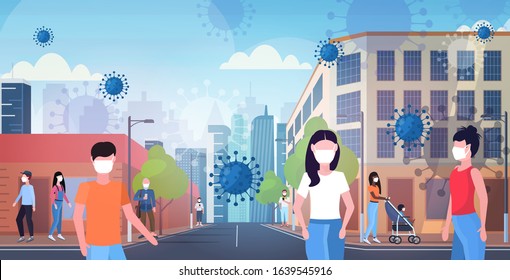 epidemic MERS-CoV bacteria floating influenza virus cells people in masks walking outdoor wuhan coronavirus quarantine 2019-nCoV modern city street cityscape background horizontal vector illustration