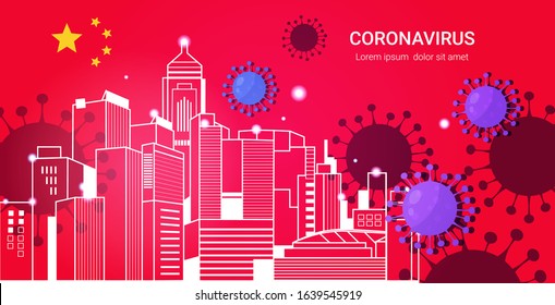 epidemic MERS-CoV bacteria floating influenza virus cells wuhan coronavirus 2019-nCoV pandemic medical health risk chinese flag modern city street cityscape background horizontal copy space vector