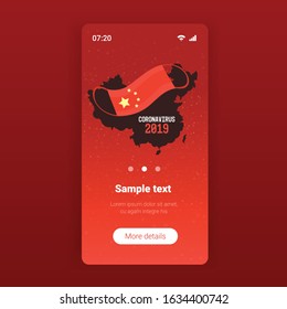 epidemic MERS-CoV bacteria icon floating influenza virus cell wuhan coronavirus 2019-nCoV pandemic medical health risk chinese map background smartphone screen mobile app copy space vector