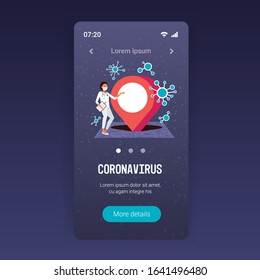 epidemic MERS-CoV doctor using mobile navigation app location pin disease spread coronavirus infection wuhan 2019-nCoV pandemic health risk city map full length copy space vector illustration