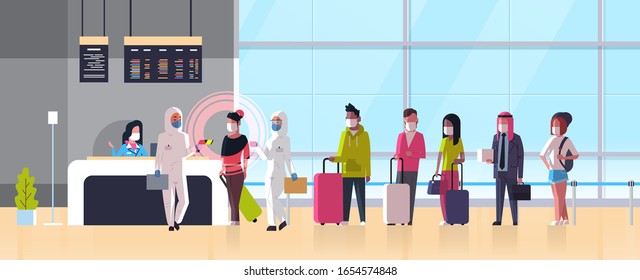 epidemic MERS-CoV medical worker in hazmat suit checking passengers temperature at airport terminal coronavirus infection wuhan 2019-nCoV pandemic health risk concept full length horizontal vector