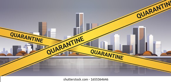 epidemic MERS-CoV quarantine caution on yellow warning tape over modern city buildings coronavirus infection wuhan 2019-nCoV pandemic health risk concept cityscape background horizontal vector