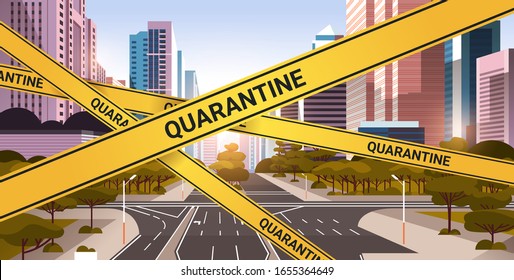 Epidemic MERS-CoV Quarantine Caution On Yellow Warning Tape Over Empty City Street Coronavirus Infection Wuhan 2019-nCoV Pandemic Health Risk Concept Cityscape Background Horizontal Vector