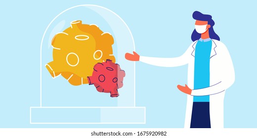 Epidemic MERS-CoV virus 2019-nCoV.  Doctors wearing mask and talking about corona outbreak. Prevent virus spreading. Viral pandemic. Online doctor. Vector medical illustration. Medical care, health