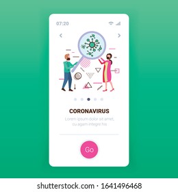 epidemic MERS-CoV virus cell exploration concept people holding magnifying glass epidemic strain research wuhan coronavirus 2019-nCoV mobile app copy space full length vector illustration