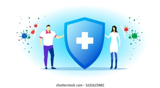 epidemic MERS-CoV virus protection concept couple holding shield with cross wuhan coronavirus 2019-nCoV pandemic medical health risk full length horizontal vector illustration