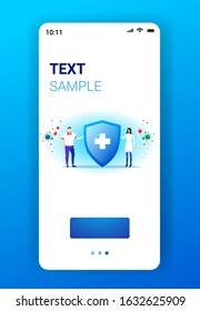epidemic MERS-CoV virus protection concept couple holding shield with cross wuhan coronavirus 2019-nCoV pandemic medical health risk mobile app full length copy space vertical vector illustration