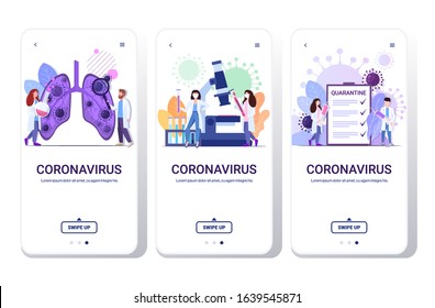 epidemic MERS-CoV wuhan 2019-nCoV set doctors inspecting lungs holding vaccine syringe analyzing coronavirus sample smartphone screens collection mobile app full length horizontal vector illustration