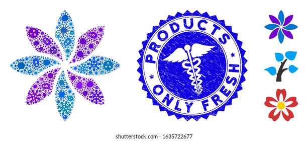 Epidemic mosaic abstract flower icon and rounded rubber stamp watermark with Products Only Fresh caption and caduceus icon.