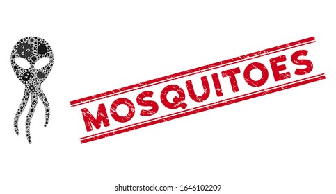Epidemic mosaic alien microbe icon and red Mosquitoes seal between double parallel lines. Mosaic vector is designed from alien microbe icon and with scattered flu icons.