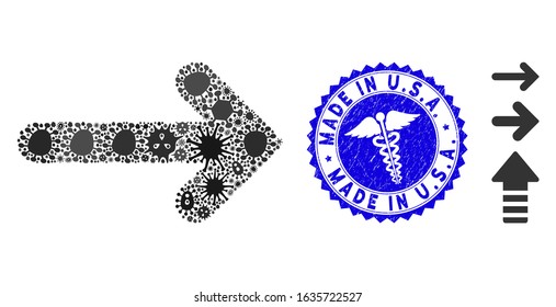 Epidemic mosaic arrow direction icon and rounded corroded stamp seal with Made in U.S.A. caption and clinic sign. Mosaic vector is designed with arrow direction icon and with scattered viral objects.