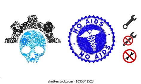 Epidemic mosaic dead tools icon and rounded rubber stamp seal with No AIDS phrase and caduceus icon. Mosaic vector is designed with dead tools icon and with random epidemic items.