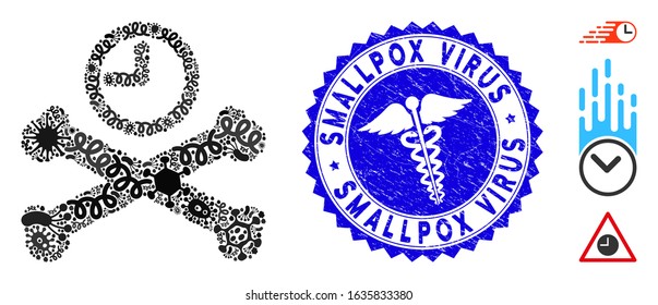 Epidemic mosaic deadline timer icon and round rubber stamp seal with Smallpox Virus caption and serpents icon. Mosaic vector is created with deadline timer icon and with scattered amoeba objects.