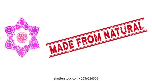 Epidemic mosaic flower icon and red Made from Natural seal stamp between double parallel lines. Mosaic vector is created with flower pictogram and with randomized microbe objects.