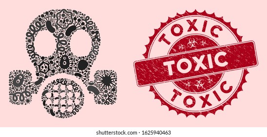Epidemic mosaic gas mask icon and rounded grunge stamp watermark with Toxic caption. Mosaic vector is designed with gas mask icon and with random microorganism symbols. Toxic stamp uses red color,