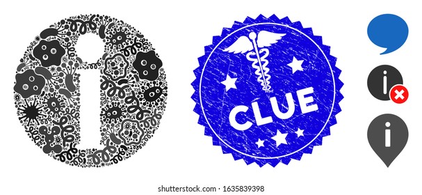 Epidemic Mosaic Info Icon And Rounded Grunge Stamp Seal With Clue Text And Healthcare Icon. Mosaic Vector Is Composed From Info Icon And With Random Pandemic Icons. Clue Seal Uses Red Color,