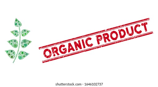 Epidemic mosaic leaf branch icon and red Organic Product seal between double parallel lines. Mosaic vector is composed with leaf branch icon and with randomized flu symbols.