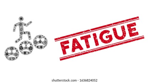 Epidemic mosaic man steps sad smiles icon and red Fatigue seal stamp between double parallel lines. Mosaic vector is formed with man steps sad smiles icon and with scattered microbe cell icons.