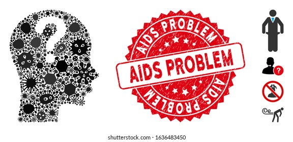 Epidemic mosaic problem icon and round corroded stamp seal with AIDS Problem caption. Mosaic vector is created with problem icon and with randomized contagious icons.