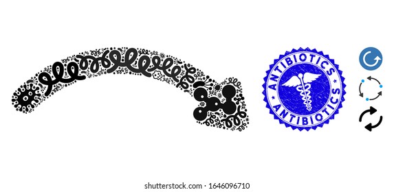 Icono de reconstitución de mosaico epidémico y sello de goma redonda con leyenda de antibióticos e icono médico. El vector mosaico se forma con icono redo y con símbolos de microbio dispersos.
