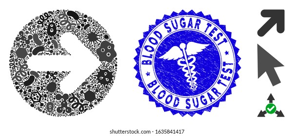 Epidemic mosaic rounded arrow icon and round grunge stamp seal with Blood Sugar Test phrase and caduceus icon. Mosaic vector is formed with rounded arrow icon and with random microbe cell symbols.