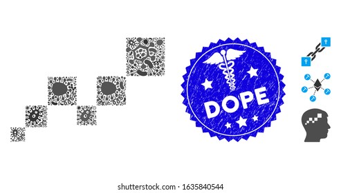 Epidemic mosaic square blockchain icon and round corroded stamp seal with Dope caption and medicine icon. Mosaic vector is composed from square blockchain pictogram and with random pandemic objects.