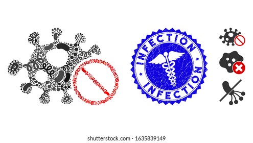 Epidemic mosaic stop infection icon and round rubber stamp seal with Infection caption and doctor icon. Mosaic vector is composed with stop infection icon and with scattered infection symbols.
