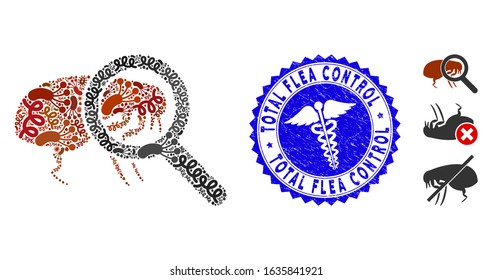 Epidemic Mosaic Total Flea Control Icon And Round Distressed Stamp Seal With Total Flea Control Phrase And Health Care Icon.